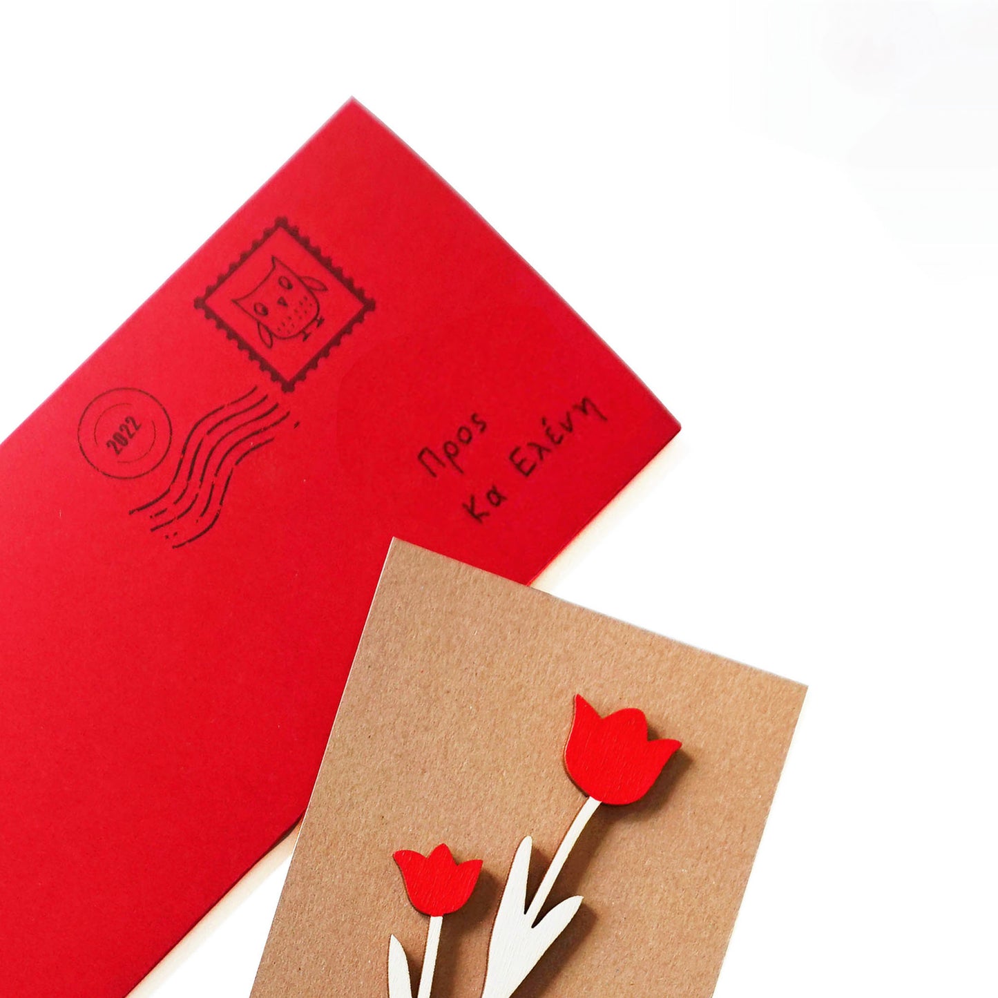 Κάρτα-ξύλινο λουλούδι με μαγνητάκι κόκκινο