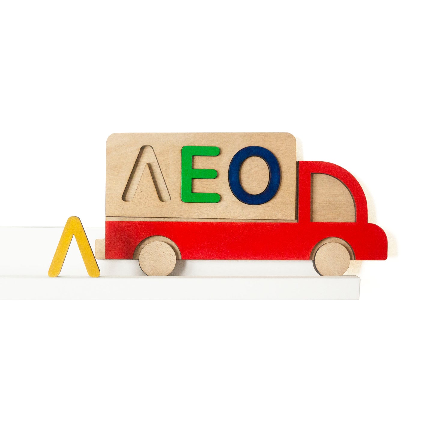Wooden puzzle "truck" with name, red